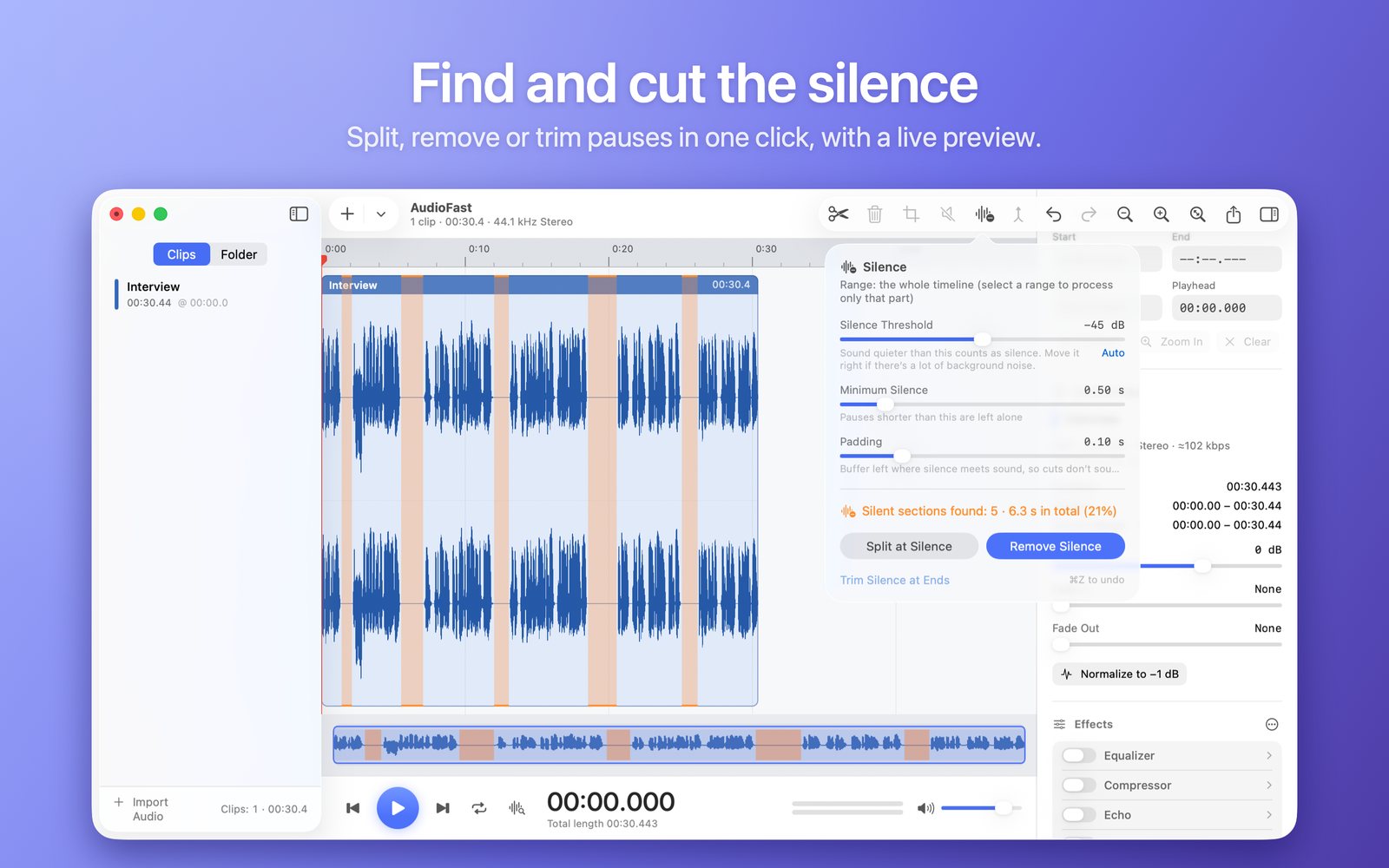 Silence removal with a live preview on the timeline