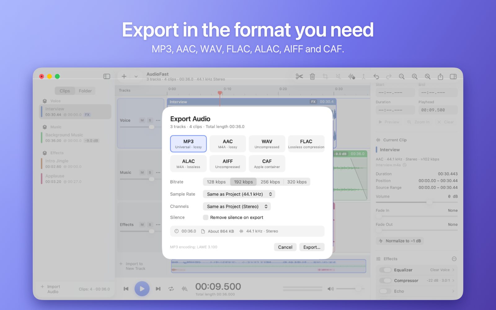Export panel: choose format, bitrate and sample rate